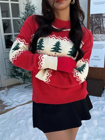 Women Christmas Colorblock Casual Pullover Sweater