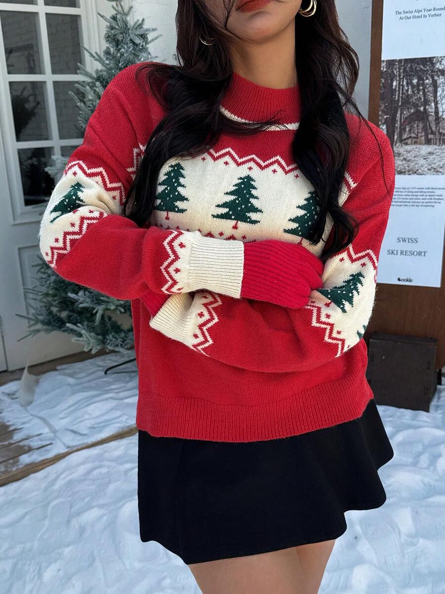 Women Christmas Colorblock Casual Pullover Sweater