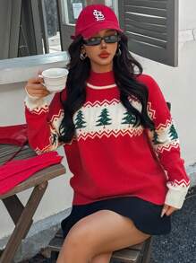 Women Christmas Colorblock Casual Pullover Sweater