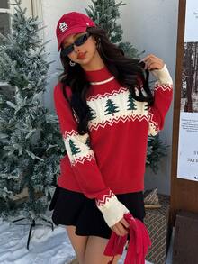 Women Christmas Colorblock Casual Pullover Sweater