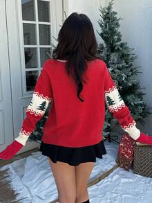 Women Christmas Colorblock Casual Pullover Sweater