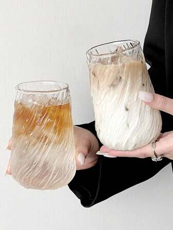 1pc/4pcs 400ml/13.52oz Vintage Stripe Glass Cup, Coffee Cup,Glass Cup Without Straw, Curved Straw Glass Cup, Wine Glass,Milk Glass,Water Glass,Oat Glass, Breakfast Glass,Beverage Glass,Vintage Glassware,Unbreakable Stemless Wine Glasses