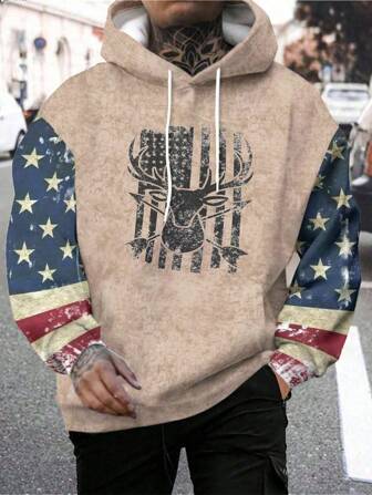 男士独立日旗帜和羚羊印花连帽衫