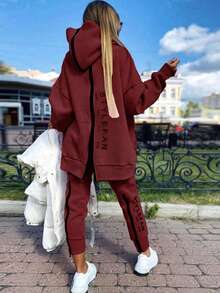 Lässige Damen-Zweiteiler mit Vorder- und Rückenreißverschluss und Buchstabendruck - Rot - Übersicht 5