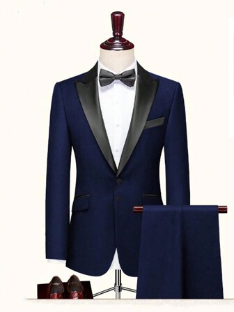2pcs Men Black Suit With Silver Side Trim, Business Casual Formal Wear, Jacket & Pants