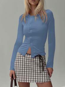 Women's Spring Summer Slimming Tops Long Sleeve Round Neck Solid Color Button Up T-Shirt - Deep Sky Blue - View 3