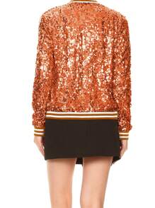 Womens Sequin Long Sleeve Front Zip Jacket With Ribbed Cuffs Bomber For Party - 橘色 - 查看 2