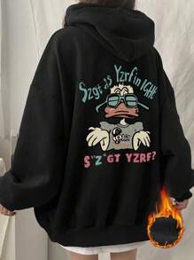 女士宽松休闲卡通小鸭印花连帽运动衫，百搭秋冬季长袖上衣 - 黑色 - 查看 3