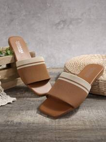 Women Brown Slide Sandals, Flat Casual Fashion All-Match Beach Slippers, 2024 New Summer Styles