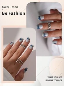 Bộ 24 móng giả ngắn hình vuông, họa tiết mây, nhuộm tie-dye màu xanh dương trang nhã, phù hợp cho phụ nữ và bé gái, sử dụng hàng ngày, có thể tái sử dụng và không làm hư hại móng thật. - Màu xanh lam - Xem 5