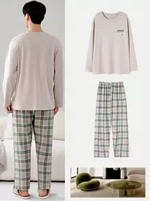 2 pièces Ensemble de vêtements de nuit pour homme, Top à col rond ample à manches longues et pantalon à carreaux verts avec poches
