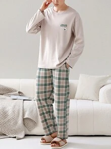 2 pièces Ensemble de vêtements de nuit pour homme, Top à col rond ample à manches longues et pantalon à carreaux verts avec poches