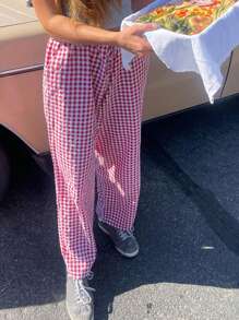 Women Wide Leg Pants Casual Loose Elastic Plaid Trousers With Pockets For Work Office Streetwear