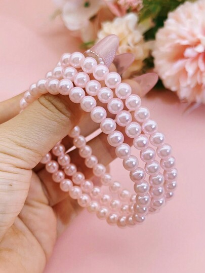 3pcs Women Versatile Faux Pearl Beaded Elastic Bracelet, Classic & Fashionable