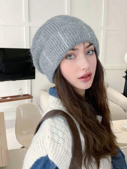 1 szt. Damska jednokolorowa dzianinowa czapka, jesienno-zimowa wiatroszczelna ciepła ochrona uszu gruba dzianinowa czapka, elegancka ozdoba z kryształkami, ciepła dzianinowa czapka, odpowiednia na wycieczki, narciarstwo, do codziennego użytku