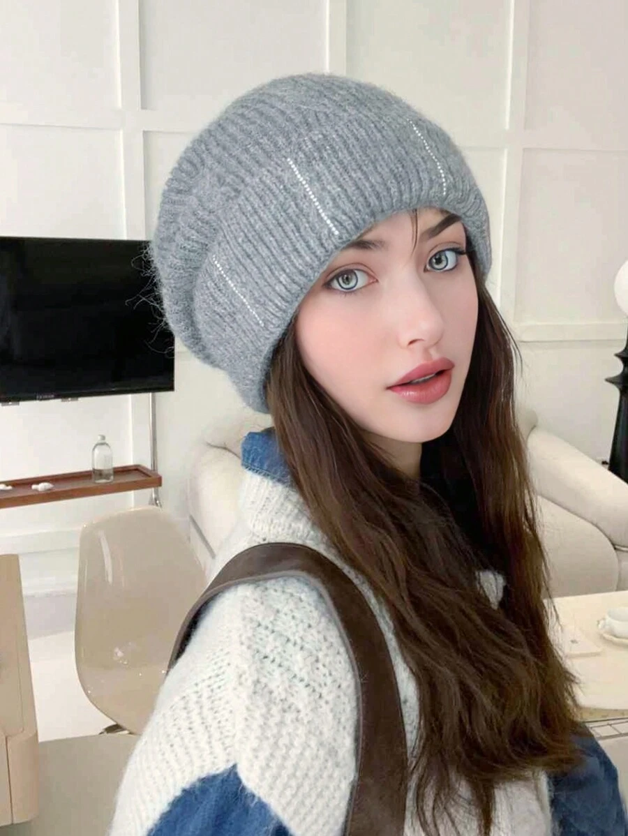 1 szt. Damska jednokolorowa dzianinowa czapka, jesienno-zimowa wiatroszczelna ciepła ochrona uszu gruba dzianinowa czapka, elegancka ozdoba z kryształkami, ciepła dzianinowa czapka, odpowiednia na wycieczki, narciarstwo, do codziennego użytku
