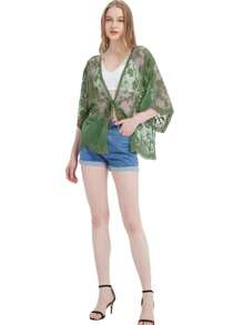 Womens Long Embroidered Lace Kimono Cardigan With Half Sleeves - Màu xanh Ô liu - Xem 5