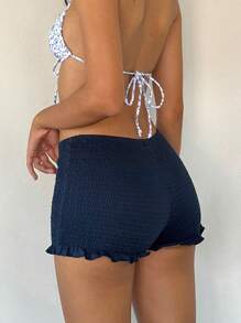Women's Shirred Shorts Casual Elastic Waist Solid Color Ruffled Short Pants For Summer - Royal Blue - View 2