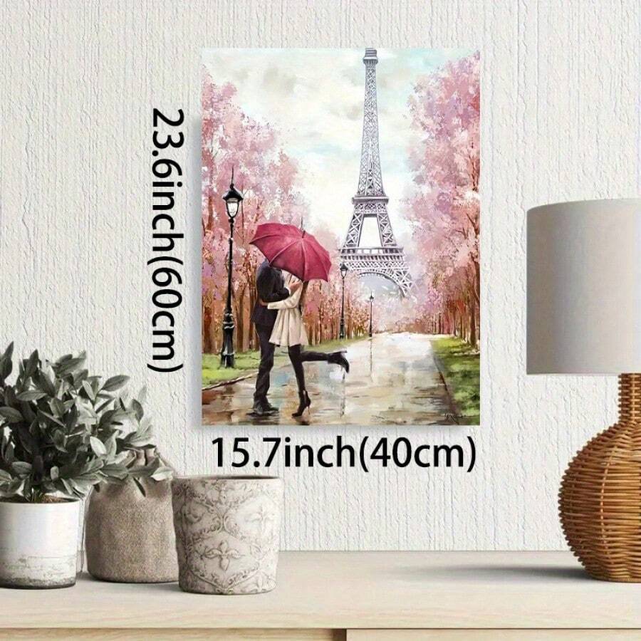 1 Pc Art Paris Eiffel Tower Pink Wood Frame Canvas Painting Thickness 2.25cm /0.9 Inches High Quality Wall Art Printed Poster Directly Hanging Wall Pictures Decorate Home Gifts, Living Room, Bathroom, Bedroom, Kitchen - Pink - View 1