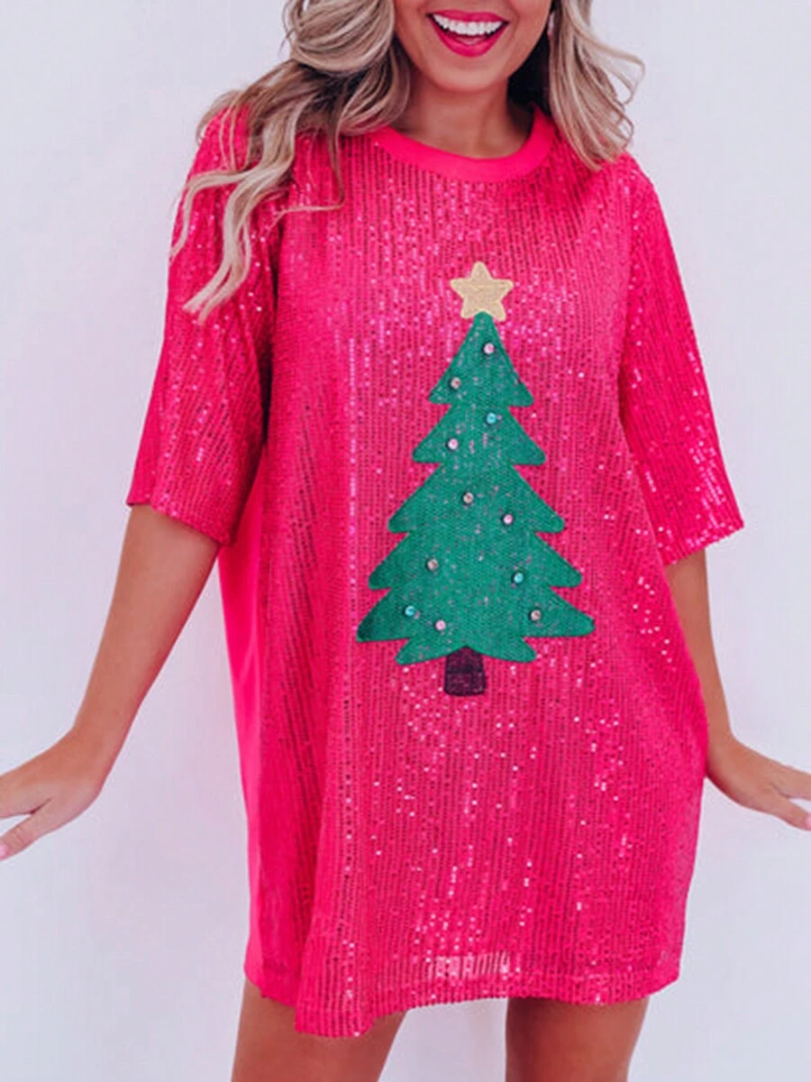 Vestido corto de camiseta de mujer de Navidad con patrón de árbol de Navidad de lentejuelas, de manga corta, cuello redondo y holgado