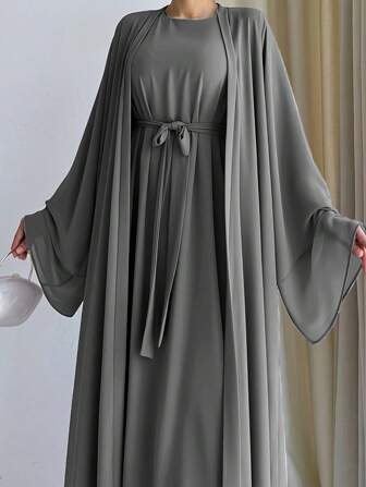 2 件套连衣裙和端庄长袍 Abaya 外层带腰带 A035