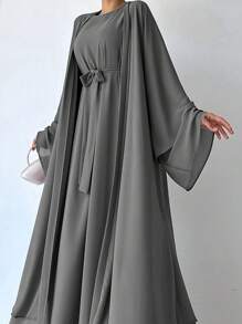 2 件套连衣裙和端庄长袍 Abaya 外层带腰带 A035 - 灰色 - 查看 2