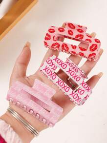 1pc Valentine's Day Pink Printed Rectangular Hair Clip, Anti Slip And Strong To Hold The Chin Hair Clip, Women's Fine Hair Styling Accessory - Multicolor - View 3