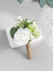 1Pc Wedding Artificial Rose Boutonniere For Men Wedding Groomsmen Artificial Corsage Groom Boutonniere Artificial Flower For Prom Ceremony Party Rustic Marriage(White) Valentines