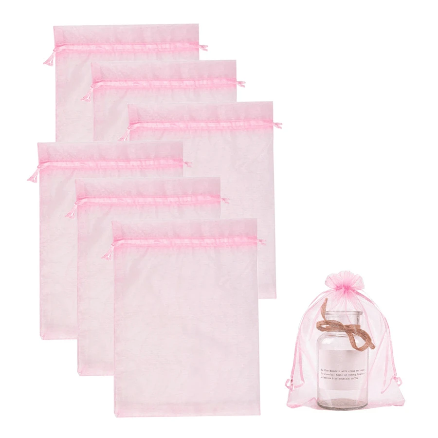 50 个抽绳欧根纱礼品袋，透明薄纱布袋，适合万圣节、生日、婚礼、派对礼品 - 粉色 - 查看 1