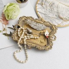 复古金色小珠宝托盘乡村风戒指盘仿古耳环项链黄铜托盘可爱饰品盘家居装饰礼品迷你装饰婚礼小珠宝展示架托盘女士返校礼物 - 彩色 - 查看 2