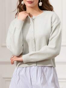 Women's Crop Knit Cardigan Solid Color Crew Neck Button Down Long Sleeve Tops For Fall Winter