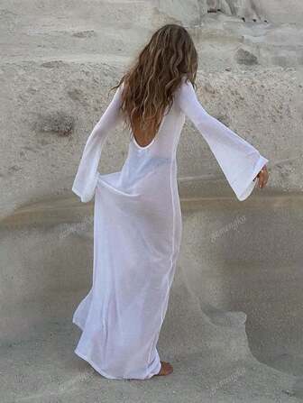 Sexy Backless Long Sleeve Mesh Beach Maxi Dress - Women Round Neck Backless See-Through Beach Cover Up Dress