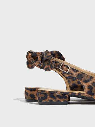 Sandalias de tacón alto con parte trasera abierta y estampado de leopardo, tacones gruesos con puntera puntiaguda y lazo, zapatos de tacón para mujer