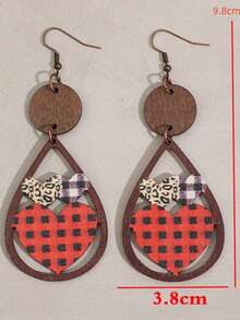 1 对复古情人节新款水滴红格子豹纹心形印花木质吊坠耳环，情人节礼物珠宝 - 彩色 - 查看 5