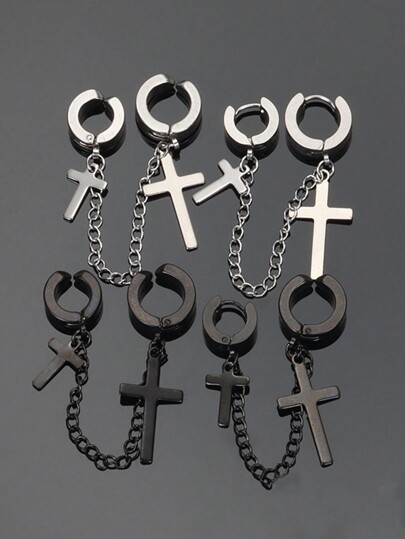 1pc Cross Earring Chain Clip Earrings For Men, Titanium Steel Punk Vintage Stainless Steel Hiphop Earrings, Christmas, New Year, Valentine's Day Holiday Gift