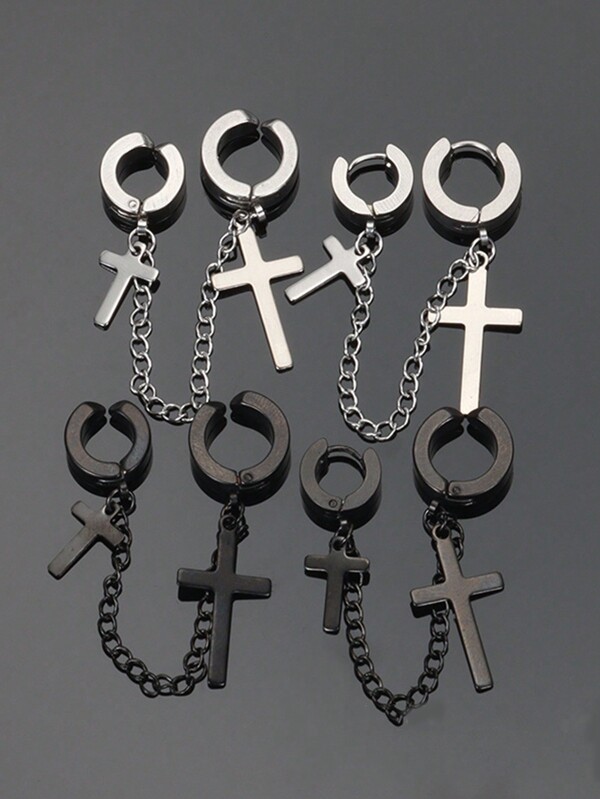 1pc Cross Earring Chain Clip Earrings For Men, Titanium Steel Punk Vintage Stainless Steel Hiphop Earrings, Christmas, New Year, Valentine's Day Holiday Gift