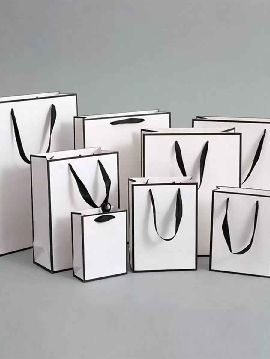 带缎带手柄的白色黑色礼品袋，10 个白色礼品袋和黑色框架，适合婚礼、零售、派对、生日的精品礼品袋 - 黑與白 - 查看 1