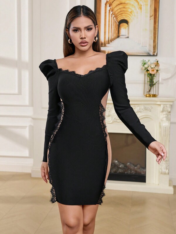 Barlahlsen Women's Lace Lace Long Sleeved Sexy Midi Dress