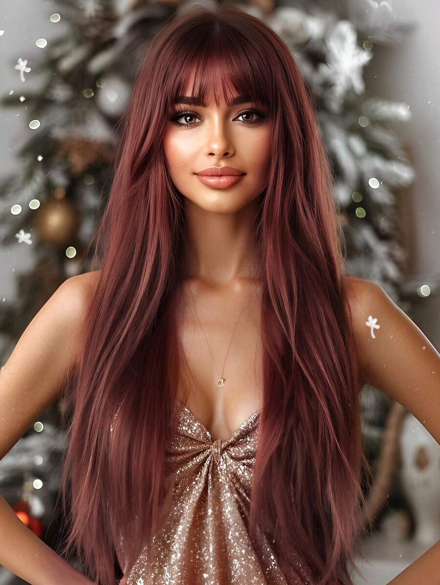 Black Long Straight Wigs For Women, Natural Black Synthetic Wigs With Bangs, Elegant Beautiful Natural Looking Heat Resistant Synthetic Wig Daily Party Use - 酒紅色 - 查看 1