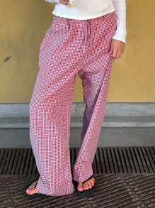 Women Wide Leg Pants Casual Loose Elastic Plaid Trousers With Pockets For Work Office Streetwear