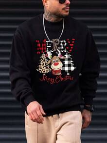 Herren Große Größen Weihnachts-Hirsch & Weihnachtsbaum Muster Lässig Mode Rundhals-Sweatshirt - Schwarz - Übersicht 1