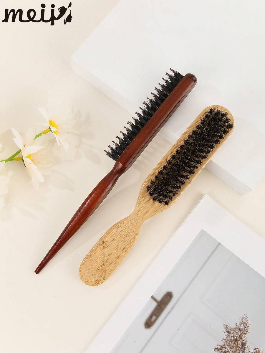 2pcs Professional Barber Shaving Brush, Neck Duster Hair Brush, Facial Hair Salon Cleaning Styling Tool, New Double-Sided Wooden Handle Beard Comb Straightening Massage Brush - Multicolor - View 1