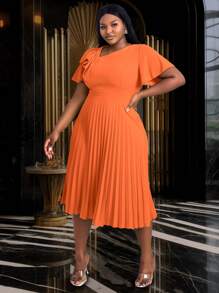 Plus Size Women Asymmetric Neckline Elegant Ruffle Sleeve A-Line Dress, Suitable For Commute, Graduation Ceremony, Church Service, Graduation Gown Summer - Orange - View 2