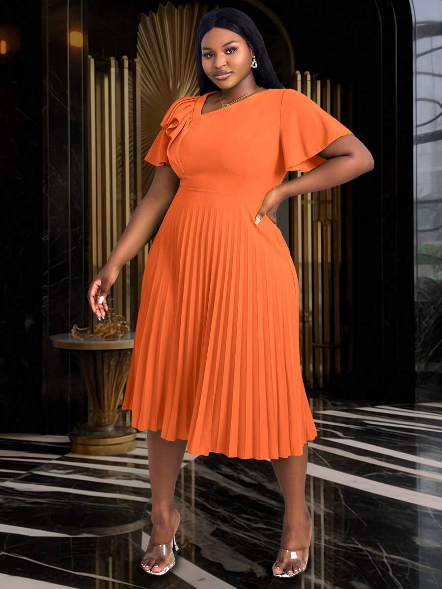Plus Size Women Asymmetric Neckline Elegant Ruffle Sleeve A-Line Dress, Suitable For Commute, Graduation Ceremony, Church Service, Graduation Gown Summer