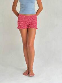 Women's Shirred Shorts Casual Elastic Waist Solid Color Ruffled Short Pants For Summer - Coral Color - View 4