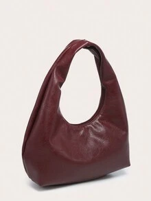 女士新月形纯色手提包，百搭时尚，配有打结单手柄，适合腋下携带和旅行 - 酒紅色 - 查看 3