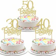 1pc 60th/30th/40th/50th/70th/80th Birthday Cake Decoration, Shiny Happy Birthday Cake Topper Set, Birthday Party Supplies - Gold - View 5