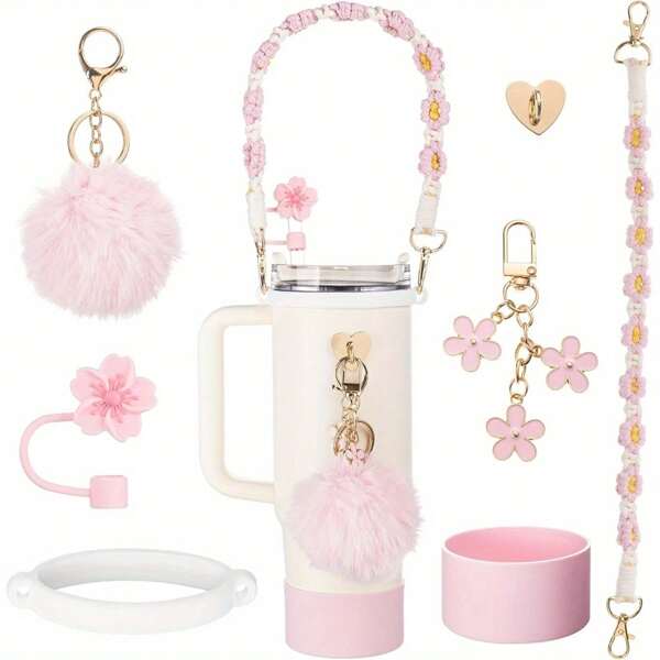 Conjunto de acessórios de 7 peças para copos de 30 onças e 40 onças, incluindo capa de canudo de silicone e alça de porta-garrafas, pingentes para decorações de copos