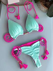 Bikini de estilo cruzado en la espalda de metal de alta gama, bañador sexy sin espalda de unicolor con tirantes trenzados, nueva moda 2025