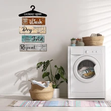 5 Pieces Laundry Room Wall Sign Rustic Laundry Room Rules Hanging Sign Wooden Wash Dry Fold Repeat Laundry Plaque Vintage Farmhouse Laundry Rules Wall Decor 19.7 X 11 Inch (Multicolored Backing) - Multicolor - View 7